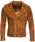 Men's Tan 100% Goat Suede Retro Slim Fit Genuine Brando Biker Jacket