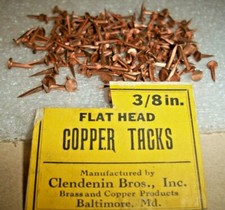 60--VINTAGE 3/8” LONG SOLID COPPER TACKS sharp point's 11/64” WIDE HEAD, NOS, #3