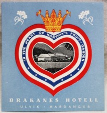 BRAKANES HOTEL ULVIK NORWAY SOUVENIR DECAL LUGGAGE LABEL VINTAGE