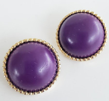 Vintage Ellen Designs Robert Purple Enamel Round Dome Gold Tone Clip Earrings 1