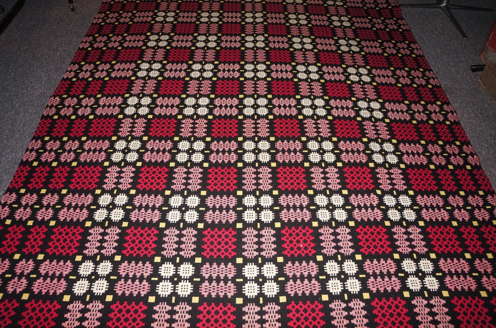 Vintage Welsh wool tapestry reversible blanket black red yellow white