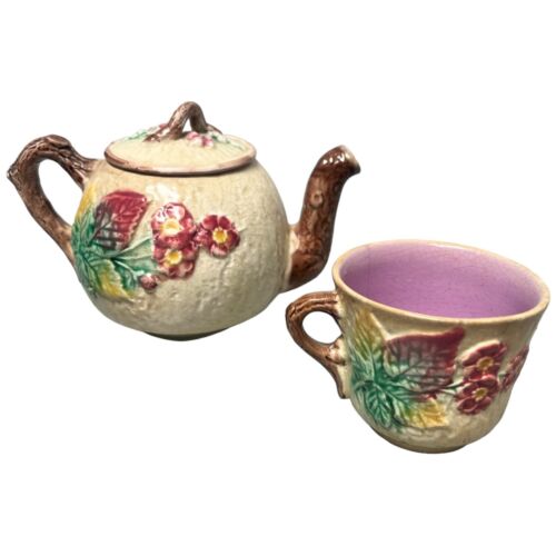 Antigua mini tetera y taza de té victoriana mayólica rosa silvestre siglo XIX sin marca - Imagen 2 de 14