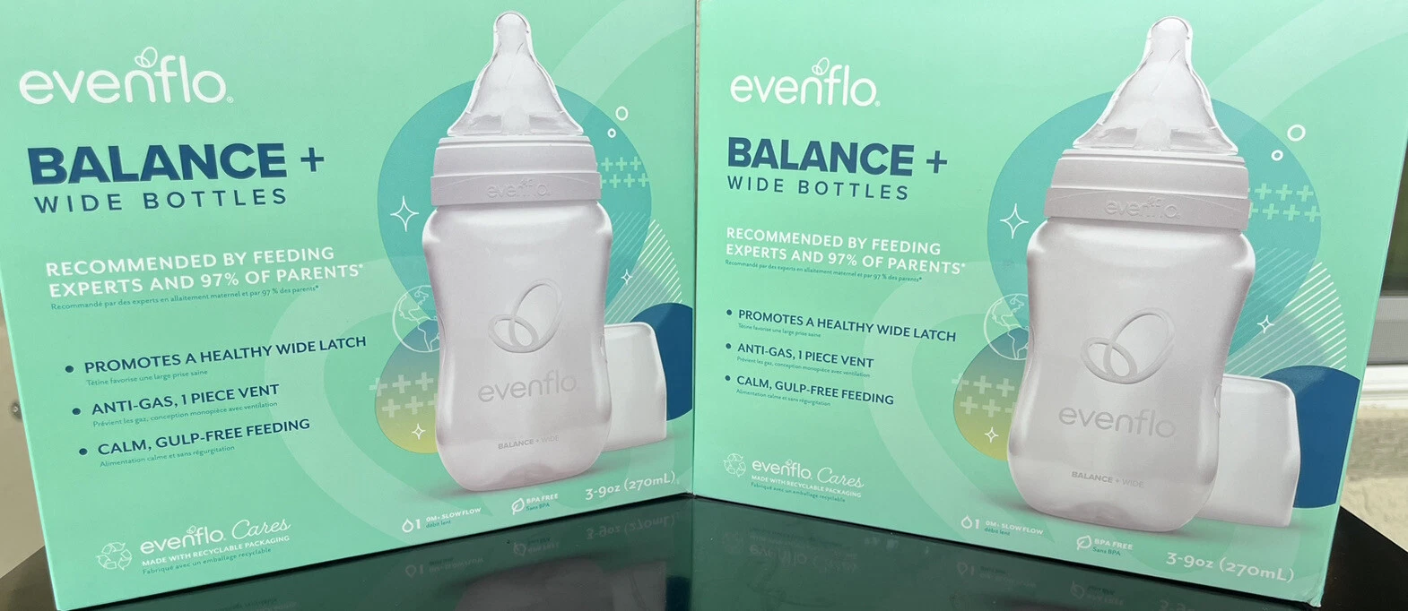 "Set of 6 Evenflo Balance + Wide Neck Clear Plastic Baby Bottles, 9oz Each, BPA-