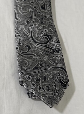 Bergamo New York Men's Tie Hand Made Gray Floral Design Designer Tie EUC