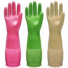 Reusable Kitchen Gloves, 3 Pairs, Long Cuff Cleaning Gloves, Red Yellow Green