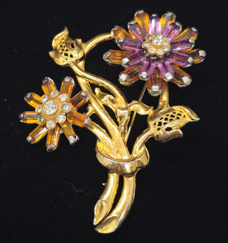 Vtg 1930s 40s Pot Metal Goldtone Purple a & Orange Flower Bouquet Brooch Pin