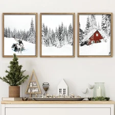 Set of 3 Farmhouse Winter Wall Art Framed Snow Forest Wall Decor Reindeer Hol...