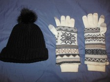 City Streets Pom Pom Beanie Winter Hat and MukLuk Knit Gloves w Wrist Warmers