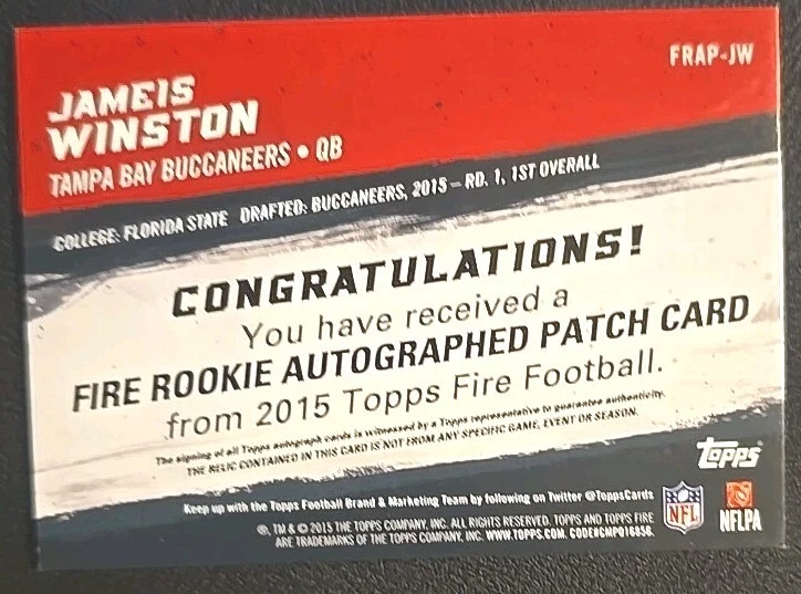 Parche Topps Fire Jameis Winston 2015 con costuras/50 automático NY WINTS RC Foto 3 de 3