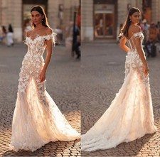 Luxury Furs Floral Lace Wedding Dress Sexy Off Shoulder Pretty Flower Modern