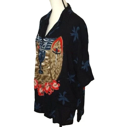 Basix Hawaiian Shirt Men’s Large – Black Floral Print – Short Sleeve 100% Rayon - Image 3 of 4