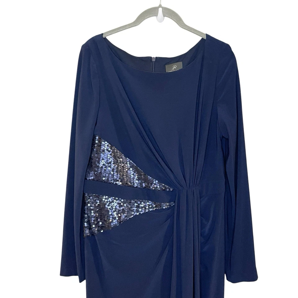 Vestido Formal Adrianna Papell Manga Larga Lentejuelas Acanalado Jersey Tejido Elástico Azul Marino Foto 3 de 4