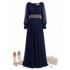Mac Duggal Midnight Blue Embellished Waist Chiffon Gown Size 8 NWT Formal Dress