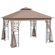 10' x 11.5' Outdoor Patio Gazebo Canopy Steel Frame w/ Mesh Sidewalls, Brown