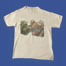 Carl Valente Sawmill Waterwheel Horse Carriage Print Blue Shirt Medium VINTAGE