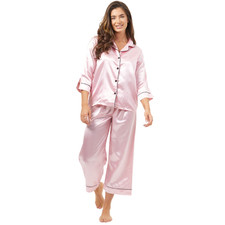 SALE Ladies Satin Pyjamas Set Silk Nightwear Button Through Shirt Pj Set