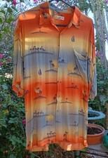 Pierre Cardin Hawaiian Short Sleeve Shirt Sailboats Palms Men's Large Vintage