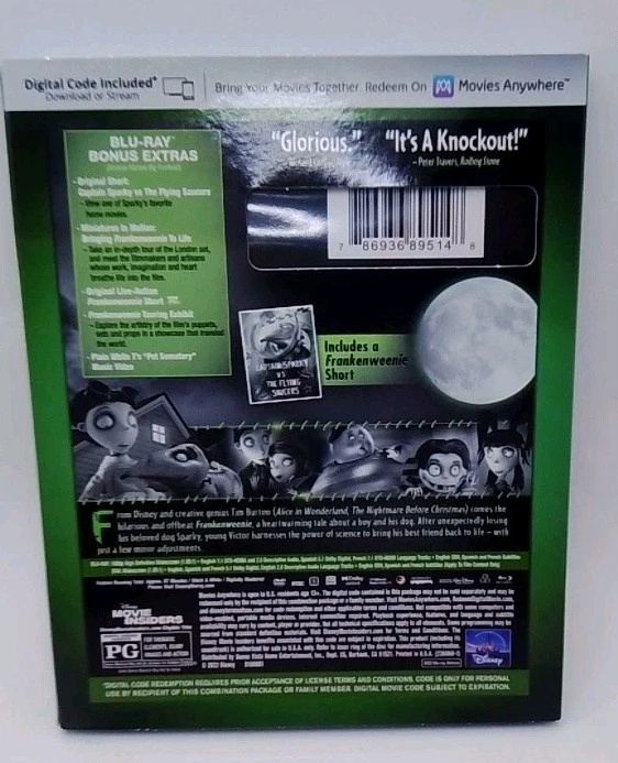NIB Frankenweenie Blu-ray DVD & Digital Disney Movie Club Slip Cover NEW Foto 2 de 4