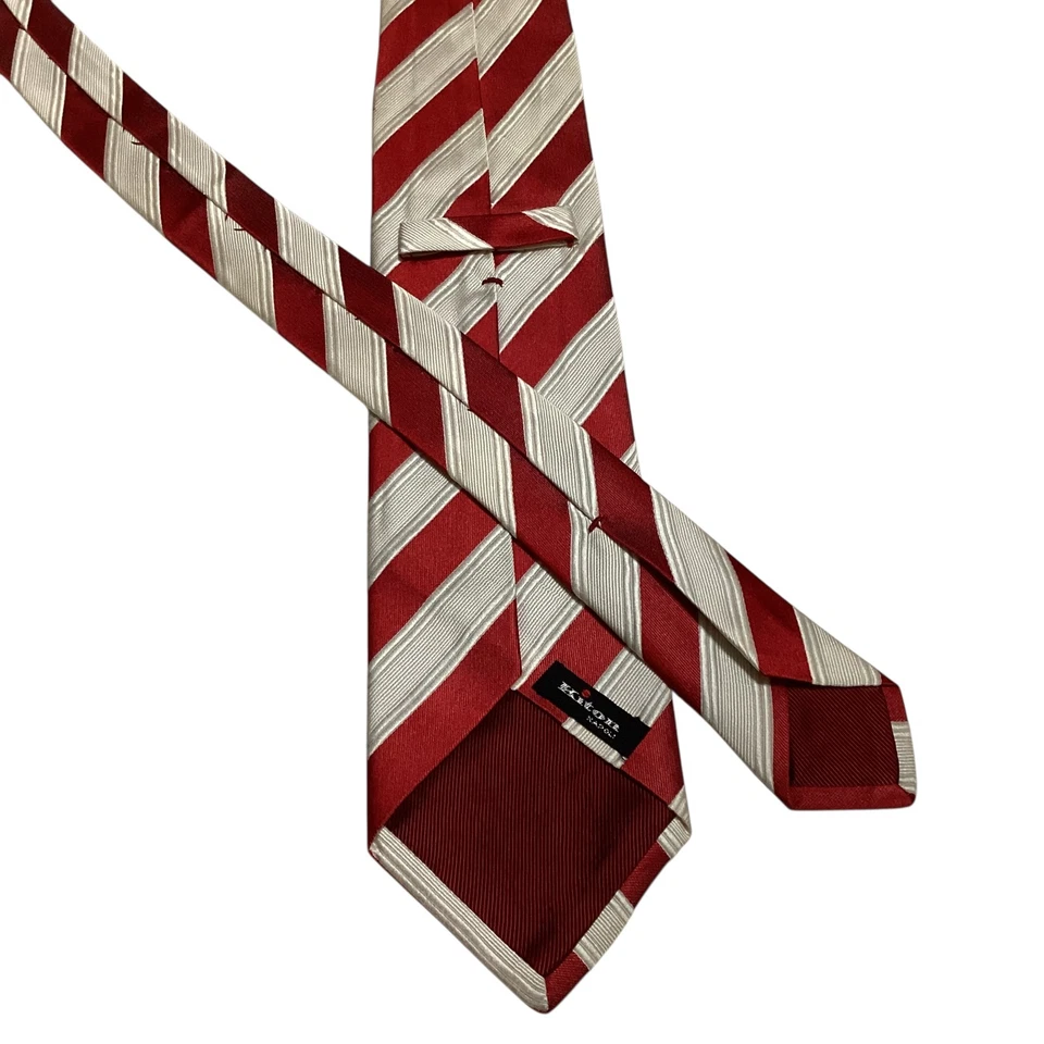 Corbata para hombre KITON SEVENFOLD 100 % seda XL ITALIA lujo a rayas roja/marfil usada en excelente estado Foto 3 de 4