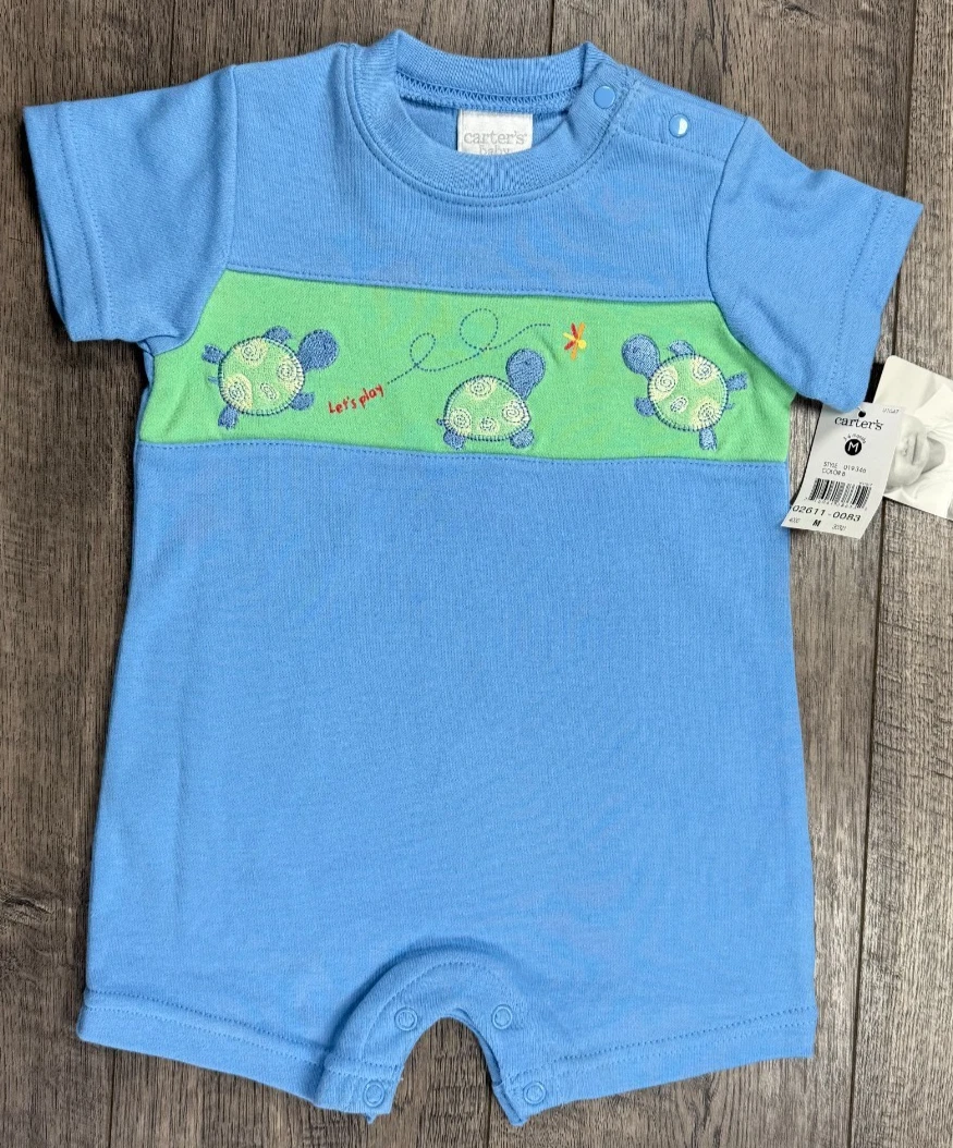 Baby Boy Clothes New Vintage Carter's 3-6 Month Blue Turtle Romper Outfit