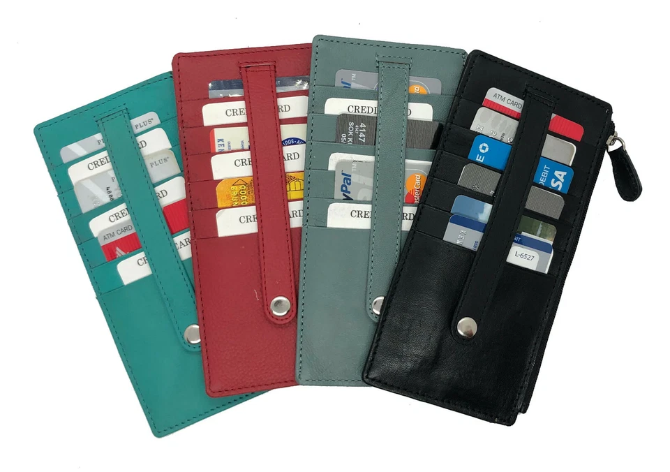 Cartera apiladora de cuero con bloqueo RFID para mujer estuche para tarjetas ventana de identificación Foto 3 de 4