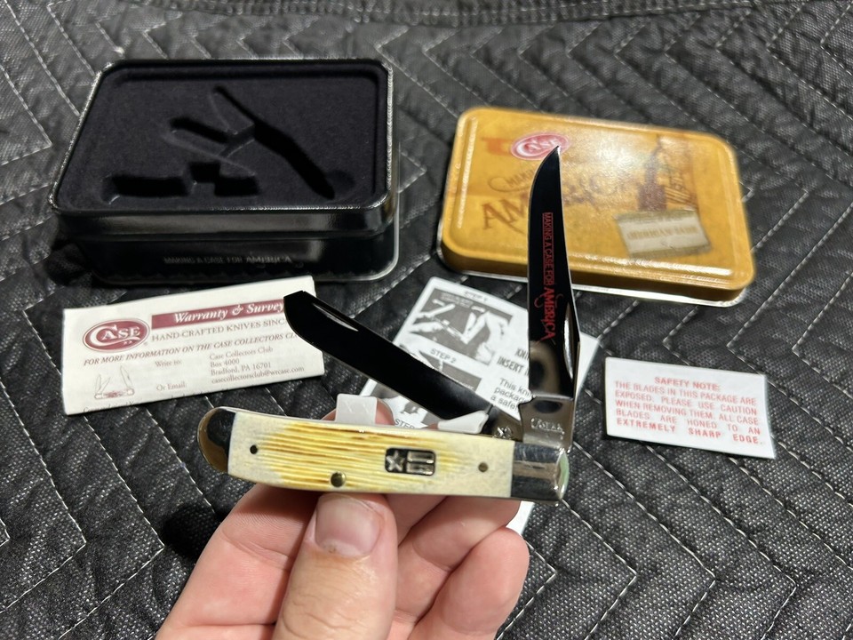 Case XX 2008 6207 Mini Trapper Flag Shield Burnt Oat Bone Handle Pocket