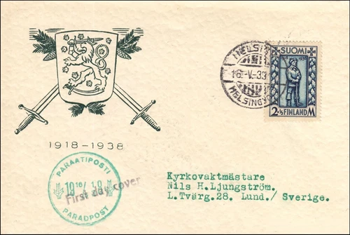 The War Of Liberation Soldier 1918 Parade Post Coat of Arms Finland FDC 1938