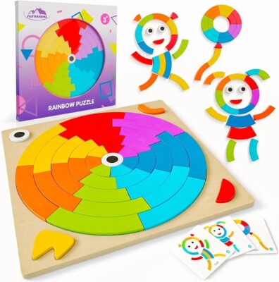 Toddler learning wooden Montessori Toys Pattern blocks Rainbow Puzzle
