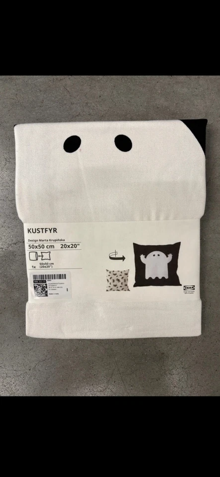 IKEA KUSTFYR housse de coussin 50x50 cm blanc/noir motif fantôme Halloween - Photo 1/1