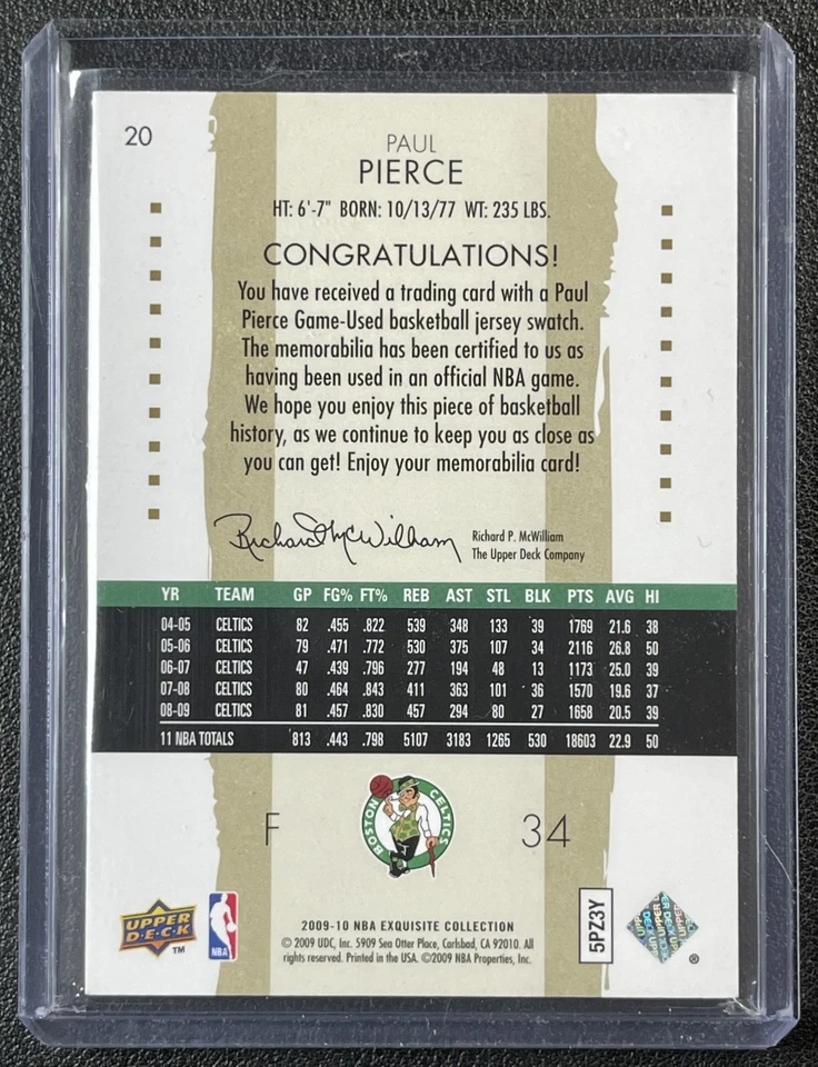 PAUL PIERCE 2009-10 UPPER DECK EXQUISITE COLL #20 JERSEY 3/25 CELTICS - Image 2 of 2