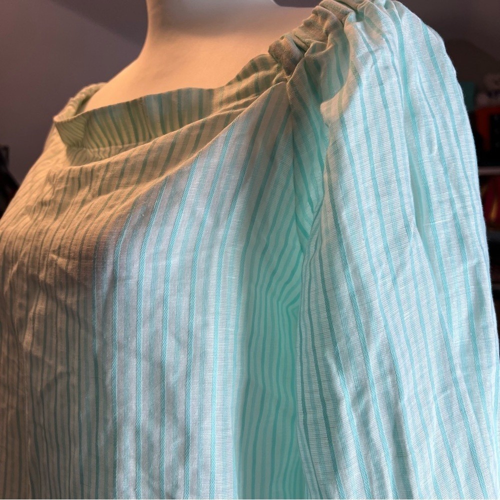 Massimo Dutti Blouse Pullover Top Off Shoulder Long Sleeve Teal Striped Sz US 8 thumbnail 7