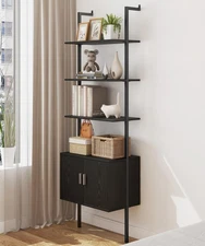 73" Tall Bookshelf with Cabinet, Industrial Ladder Wall Mount Shelf Bookcase ...