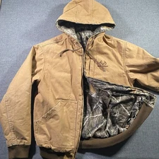 Realtree Men's Small Reversible Camo Lined Hooded Barn Chore Jacket Tan Brown