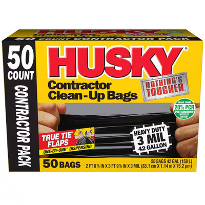 Husky Contractor Clean Up Bags 42 Gal Heavy Duty 3 Mil Black Trash Bags 50 Count