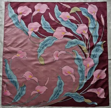 SCARF VINTAGE AUTHENTIC DESIGN SIGNED THAY CALLA FLOWERS MAUVE SILK 35" SQUARE