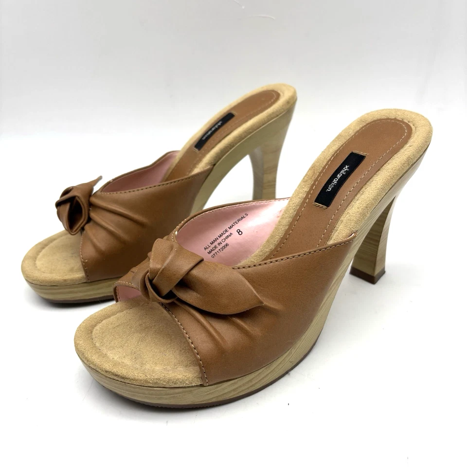 Vintage 00s Y2K Xhilaration Tan Faux Leather Wooden Block Heel Open Toe Pumps 8 - Image 4 of 4