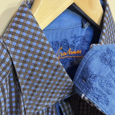 Robert Graham Mens Shirt XL BROWN BLUE Check Button Up Paisley Flip Cuffs EUC D9