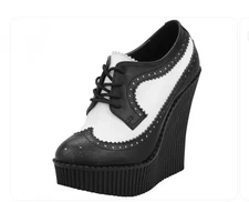T.U.K Black & White Leather Brogue Wingtip Creeper Oxford Wedge Size 7 EUC Punk