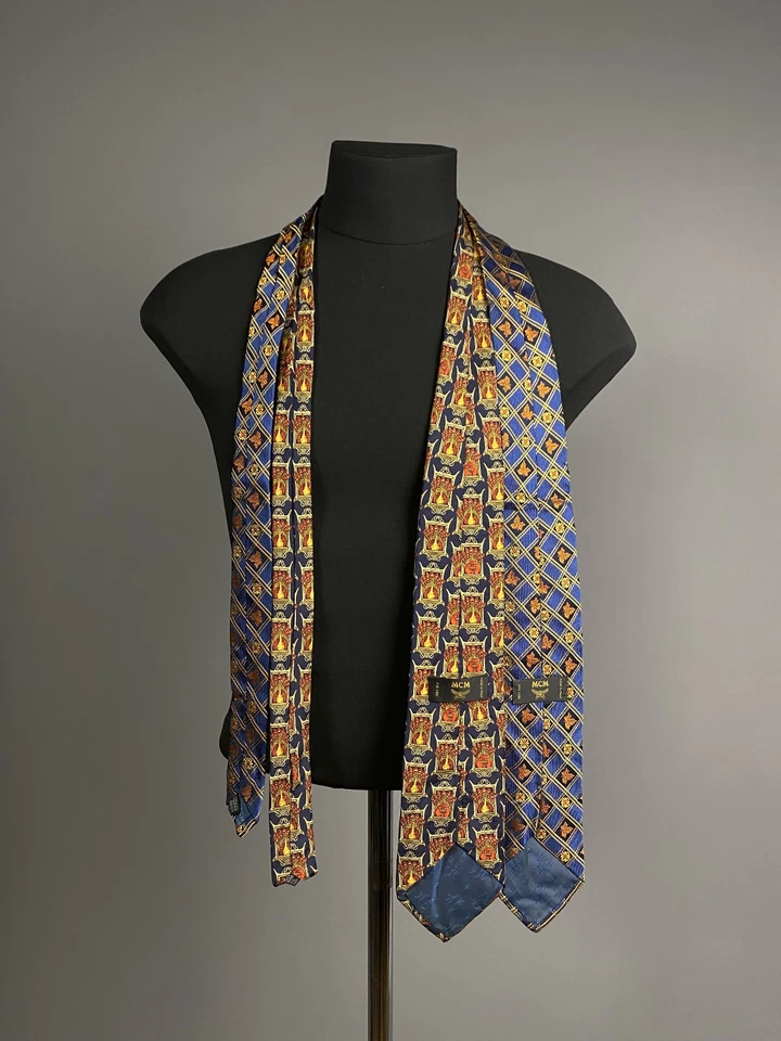 Lote de 2 Corbatas MCM Dorado Rojo Azul Cuadros Pavo Real 100% Seda Diseñador de Lujo Cuello Foto 4 de 4