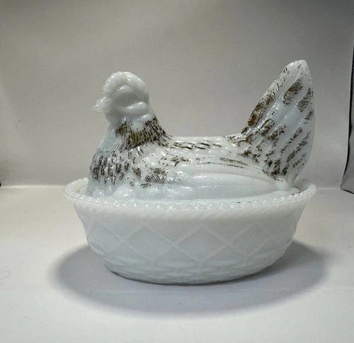 Vintage Milk Glass Hen on Nest Covered Dish White Chicken Trinket, Kitchen Decor