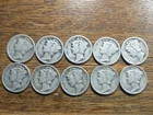 Lot of TEN - 90% Silver Mercury Dimes 1919, 23, 24, 28, 34, 35, 36, 37, 40, 43
