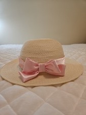 Girls Beige Easter Bonnet Sun Hat Size 4-6X With Pink Satin Ribbon  Bow