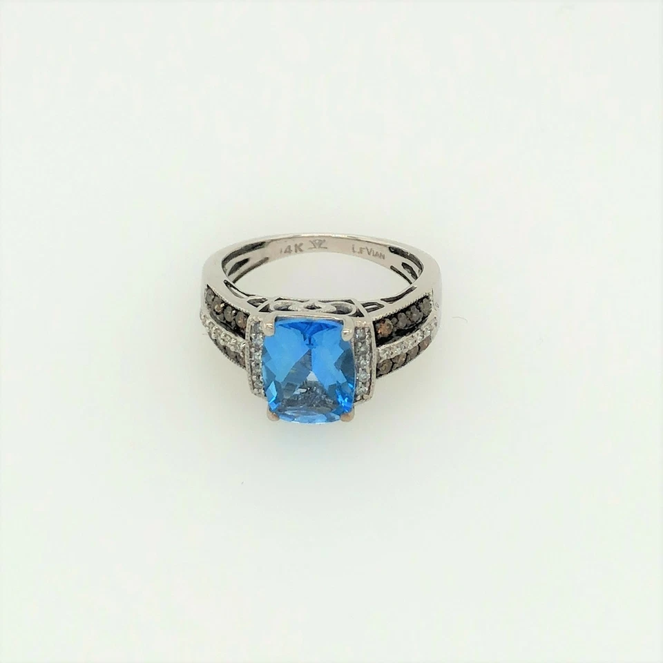 Anillo LeVian Oro Blanco 14K Topacio Azul H-I SI2 Chocolate Diamante 2.29 cts Talla 6 Foto 2 de 4