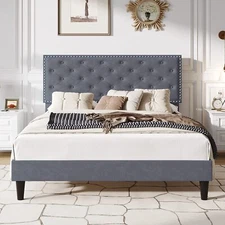 Full Size Bed Frame with Adjustable Diamond Button Tufted Headboard,Silver Grey