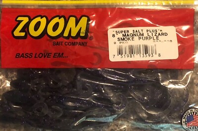 Zoom Soft Plastic Bait 8  Magnum Lizard Smoke Purple Super Salt Plus 9-Pack