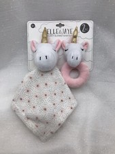 Elle  Jaye Pink White Unicorn Security Blanket Lovey Rattle Baby Girl Gift Set