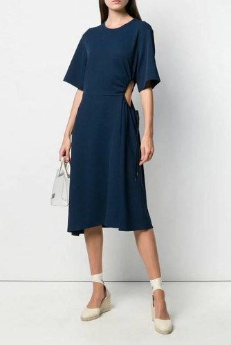 NWT See by Chloe Crew Neck Elbow Sleeve Side Cutout A-Line Navy Dress Size S L - Picture 2 of 4