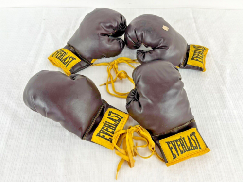 Vintage Everlast 10oz Boxing Gloves - 2 Pairs Set - Brown & Yellow - 第 1/17 張圖片