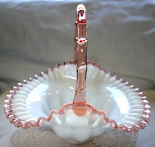 FENTON"70%SALE"ROSE(PINK)CREST"10.5"MELON"STYLE~BASKET"MINT~VINTAGE~GLASS~1940's