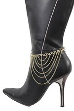 Women Gold Side Multi Waves Metal Chain Boot Bracelet Anklet Shoe Bling Jewelry
